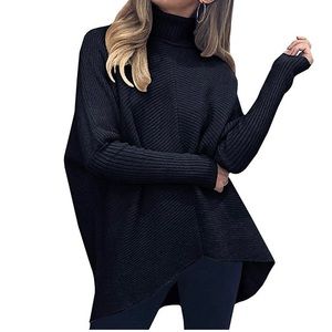 Womens Turtleneck Long Sleeve Asymmetric Hem Casual Pullover Sweater Knit Tops